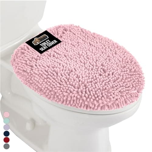 GORILLA GRIP Soft Chenille Bathroom Toilet Lid Cover Machine Washable Seat Covers 195x185 Stays in Place Rubber Backing Fits Most Round Elongated and Oblong Lids Accessories Decor Light Pink