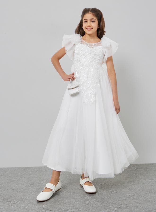 Girls Embroidered Lace Mesh Sleeve Dress