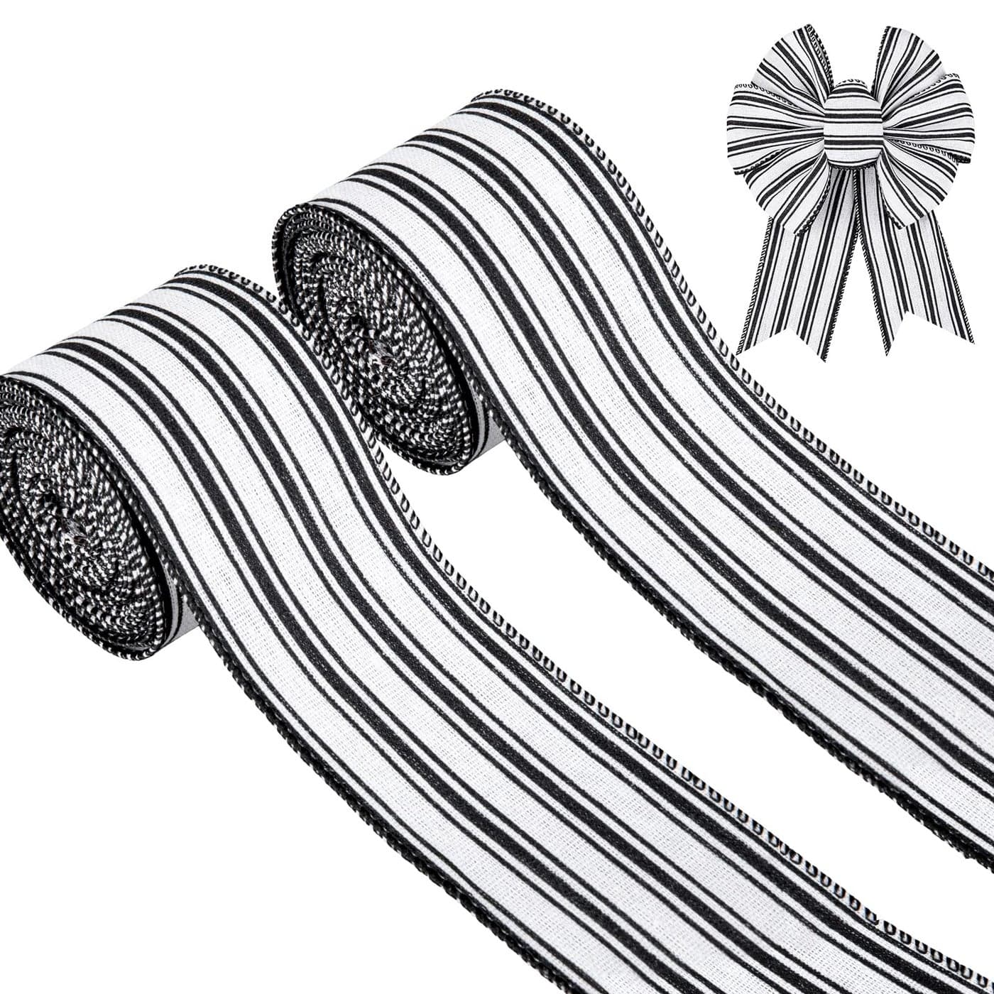 Whaline 2 Rolls Christmas Black White Wired Edge Ribbon Christmas White Black Striped Fabric Ribbon Farmhouse Craft Ribbon for Christmas DIY Gift Wrapping Wreath Floral Bow Decor25 Inch x 12 Yard