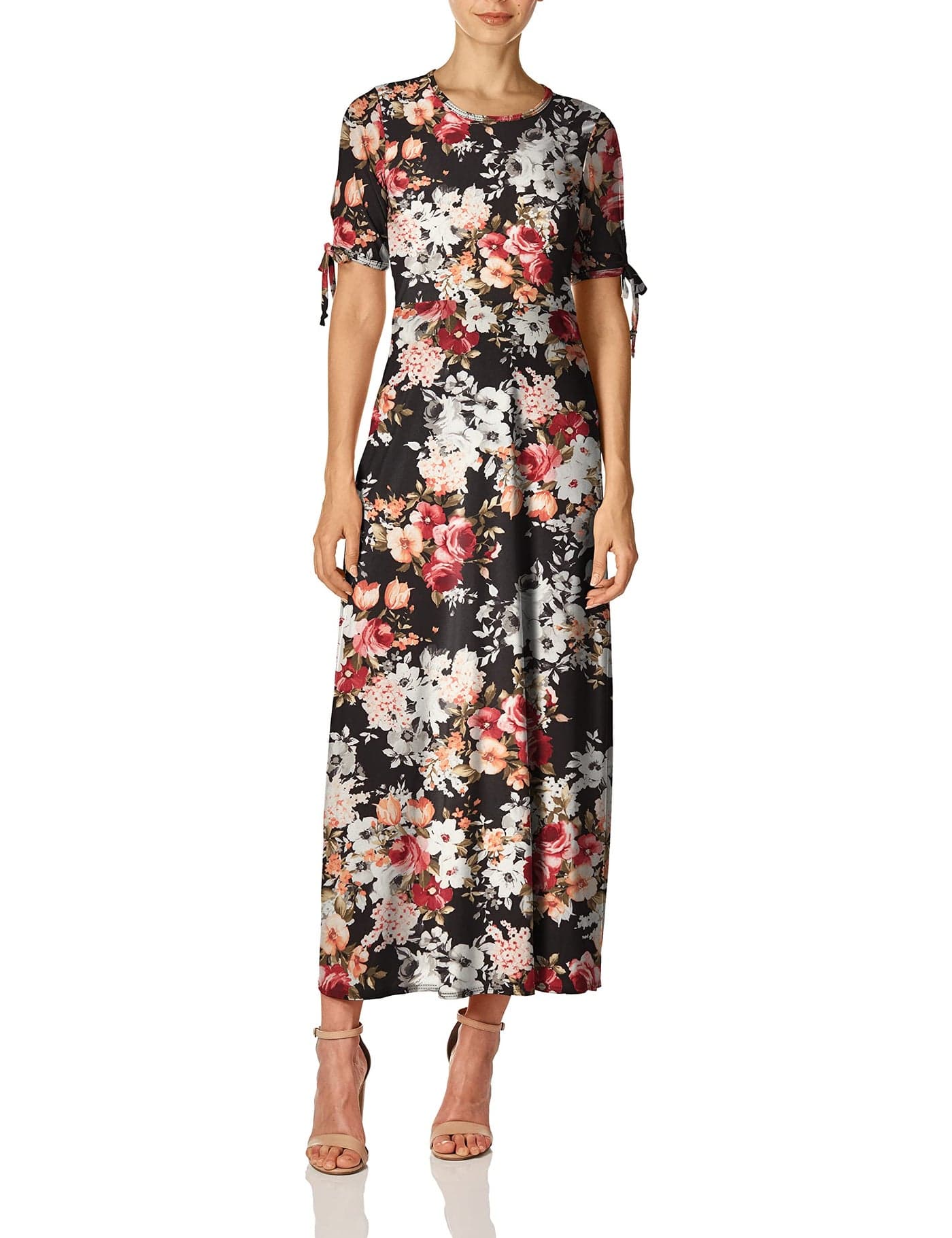 Star Vixen Women's Short/Slit Sleeve Keyhole-Back Skater Seam Maxi Dress, Black Ground Floral, S