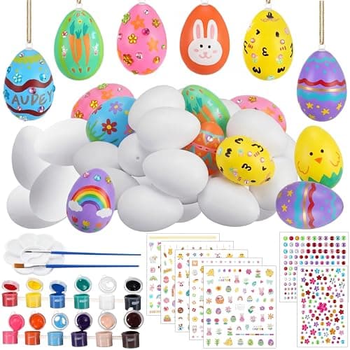 Resholder 48 Set White Easter Egg Painting Kits Blank Paintable Eggs Craft with Color Pens Paint Stickers DIY Hanging Eggs Bulk Ornaments for Easter Dye Craft Party Handmade Activities Decoration