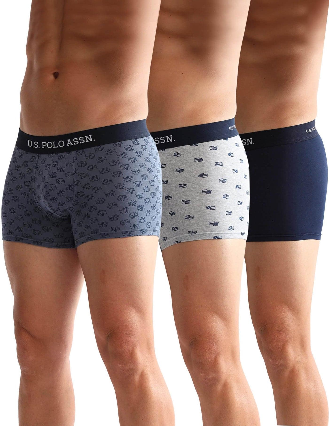 U.S. Polo ASSN. Mens Anti Microbial Printed OET14 Trunks - Pack of 3 (Grey Mel-Blue-Navy L)
