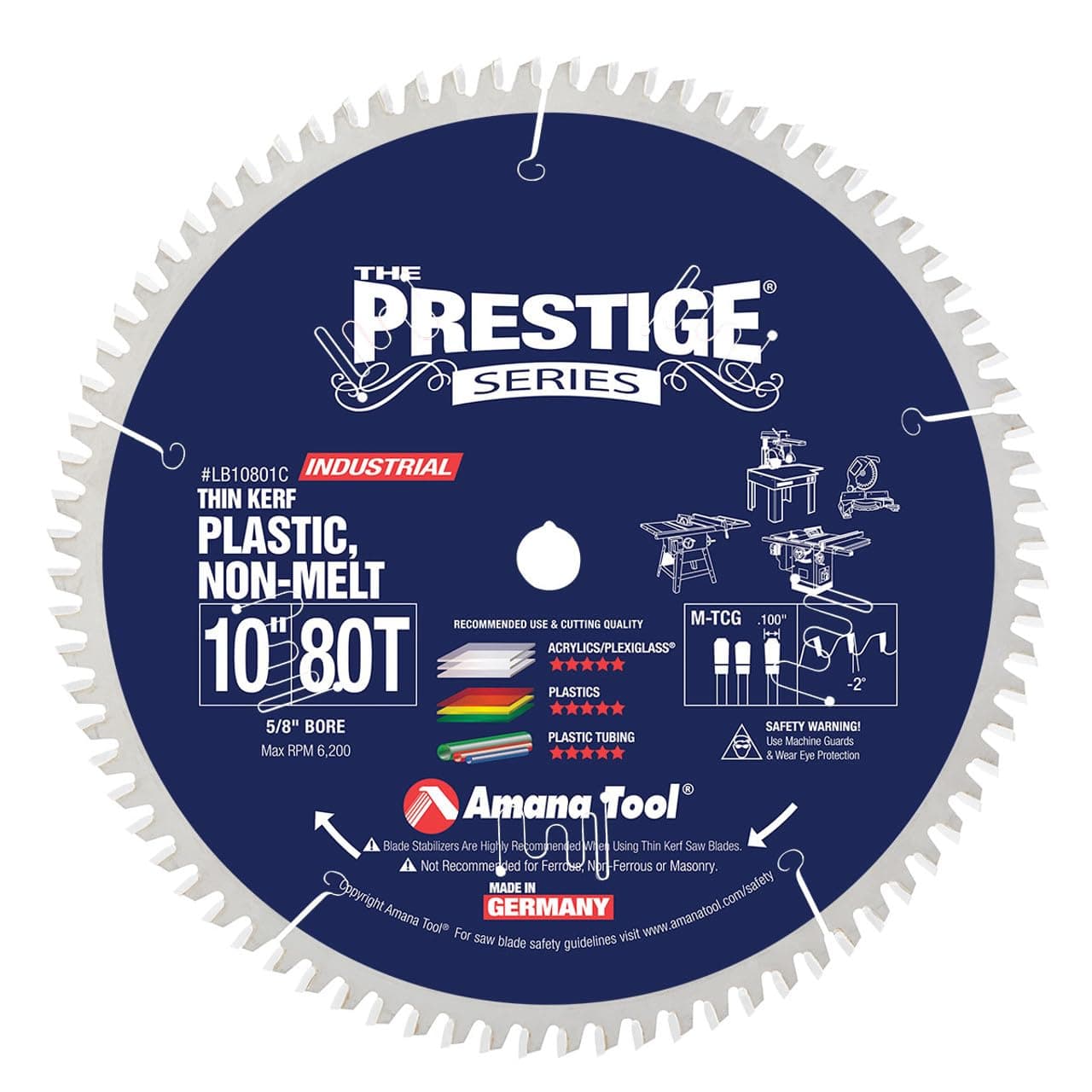Amana Tool LB10801C Carbide Tipped Prestige NonMelt Plastic 10 Inch D x 80T MTCG 2 Deg 58 Bore Circular Saw Blade