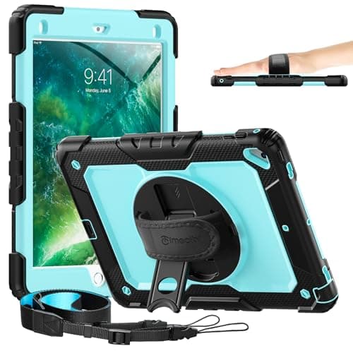 Timecity Case for iPad 6th/5th Generatio 9.7 Inch 2018/2017 with Rotating Stand/Strap, Full-Body Silicone+PC Protective Case for iPad 5th/6th Gen/Air 2/ Pro 9.7 - SkyBlue