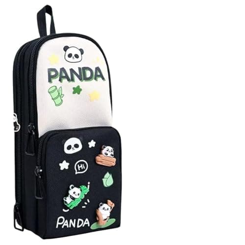 Parshya Canvas Kawaii Pencil Case 3 Compartment Cute Pencil Case for Girls Large Capacity Pen Pencil Pouch Smooth Zipper Multifunctional Stationery Organizer for School Office (HT BW Panda), Black