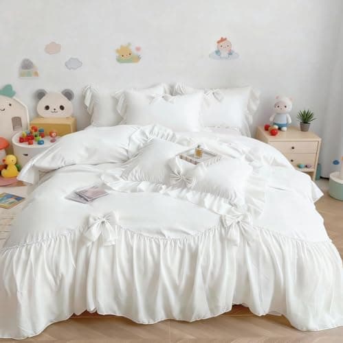 IHOUSTRIY Duvet Cover Twin Size, Ruffle Beddding Set with Bowtie, 2 Pieces Comforter Cover Set with Zipper Closure, Girl Princess Bedding with Pillowcase - White, Twin