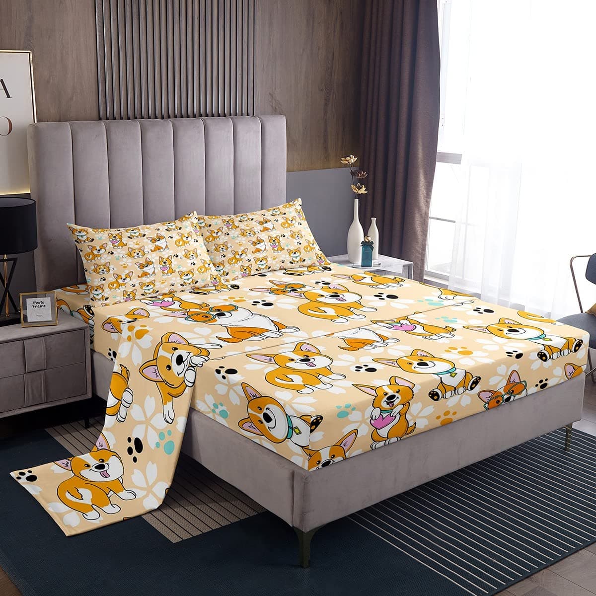 Homewish Cute Corgi Sheet Set TwinCartoon Dog Paw Bedding Set for Kids Teens Girls BoysSmiling Dog Kawaii Yellow Bed Sheet Set 3pcs with Deep Pocket Fitted Sheet Flat Sheet 1 Pillowcase