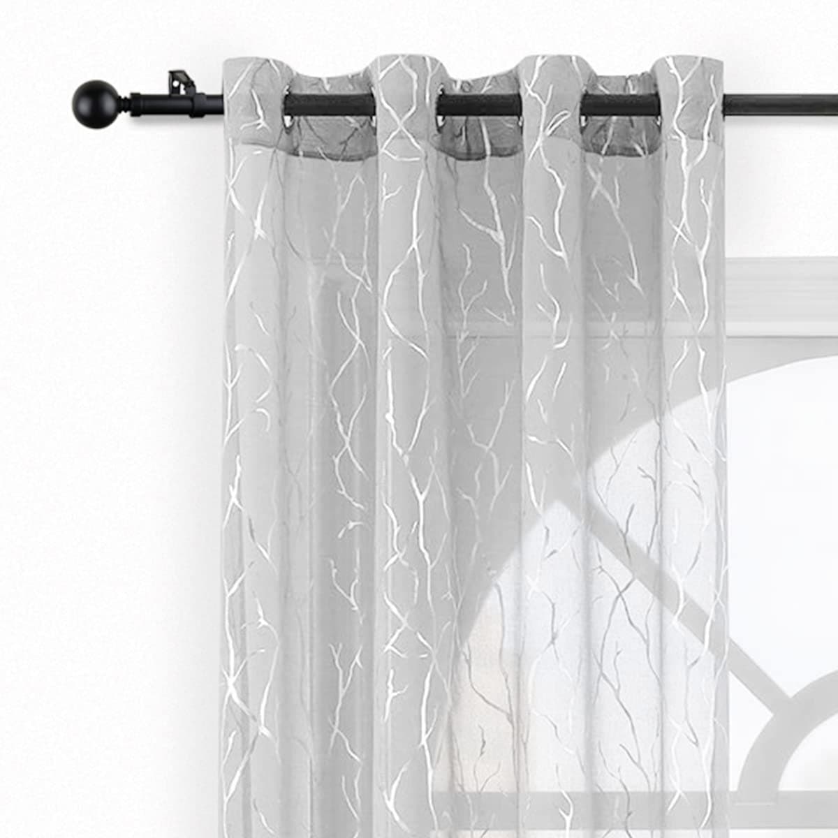 Kotile Silver Grey Sheer Curtains 2 Panels Set Grommet Top Metallic Silver Foil Branch Pattern Light Filter Privacy Voile Drapes 95 Inch Length for Living Room 52 x 95 Inch 2 Panels Gray