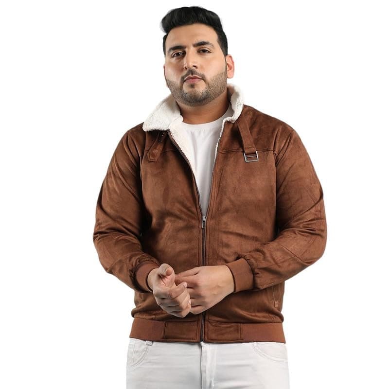 Instafab Plus Men's Brown Zip-Front Jacket With Fleece Detail For Casual Wear | Plus-Size | High Neck | Long Sleeve | Zipper Closure | Jacket Crafted With Comfort Fit For Everyday Wear