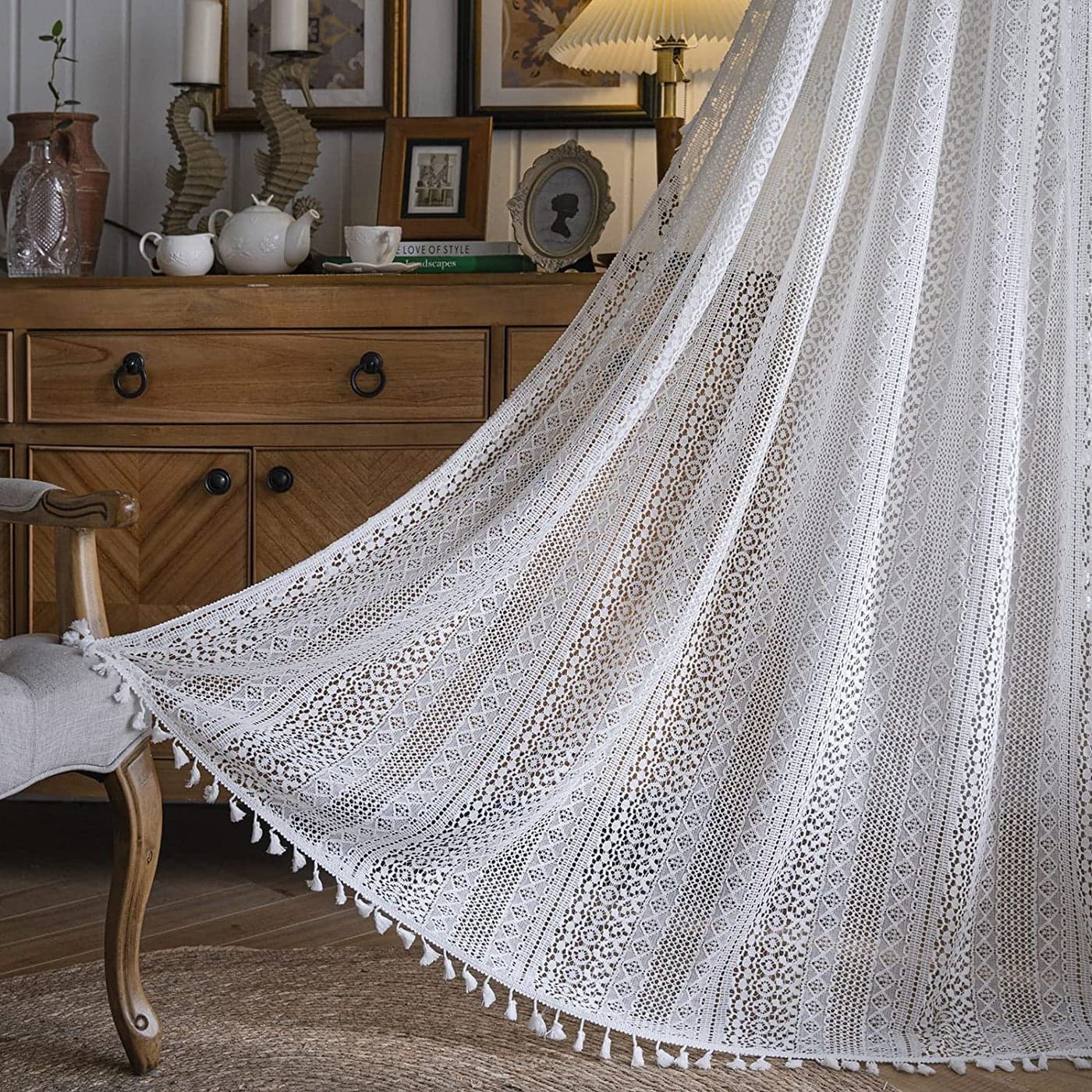 Sutuo Home White Crochet Boho Curtain 96 Inches Long Sheer Lace Handmade Tassels Knitted Window Treatment Vintage Rustic Bohemian Farmhouse Drape for Bedroom Rod Pocket 1 Panel 59 W x 96 L