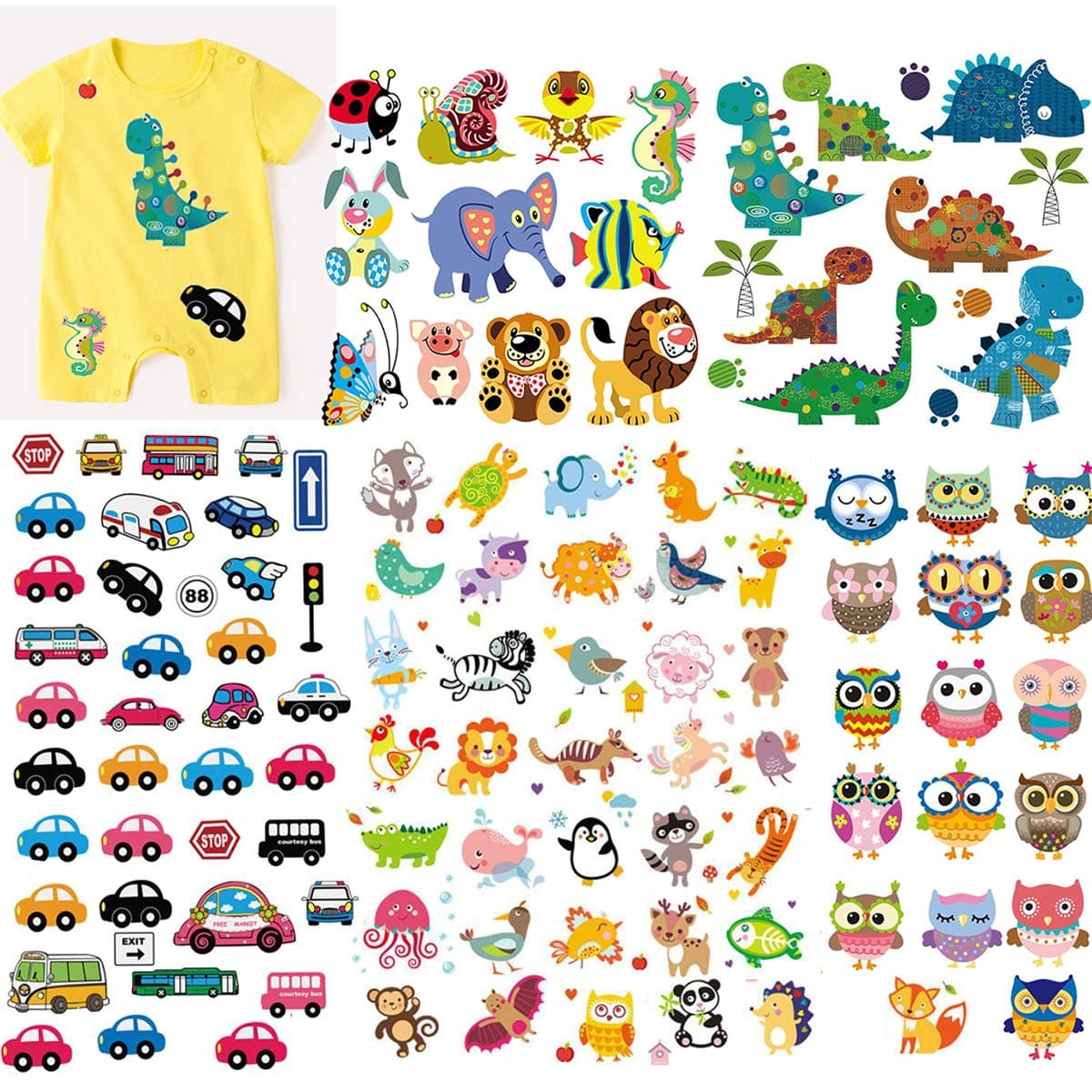 5 Sheets Baby Iron On Transfers Patches Set MWOOT Kids Appliques Assorted Car Dinosaur Animal Heat Transfer Stickers for TShirt Clothing Jeans Backpack Decorations DIY