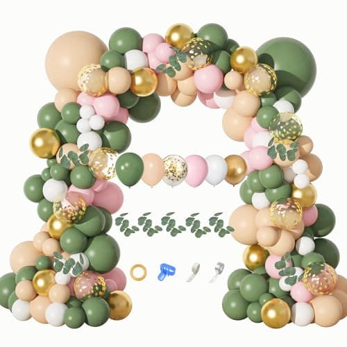 Amandir 166Pcs Sage Green Balloon Garland Arch Kit Olive Green Blush Peach White Gold Pastel Balloons Artificial Eucalyptus Stems Easter Spring Jungle Safari Shower Birthday Party Baptism Decorations