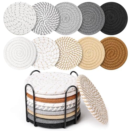 Billbotk 10 Pieces Coasters for Drinks, 10 Colors Absorbent Drink Coasters with Holder, Table Coaster Set for Home Decor, Apartment Decor Aesthetic, Living Room Essentials, 4.3 Inches