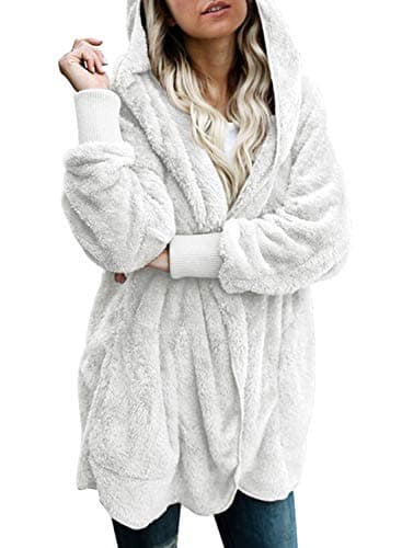 Dokotoo Womens Casual Cozy Warm Fuzzy Winter Clothing for Women Long Sleeve Fleece Pocket Hooded Cardigan Sweater Fall Clothes Jackets Coats Outerwear Fleece Teacher Outfits for Women Small White