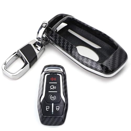 iJDMTOY Exact Fit Black Glossy Carbon Fiber Pattern Key Fob Shell w/Keychain Compatible with Ford or Lincoln 4/5-Button Intelligent Access Key