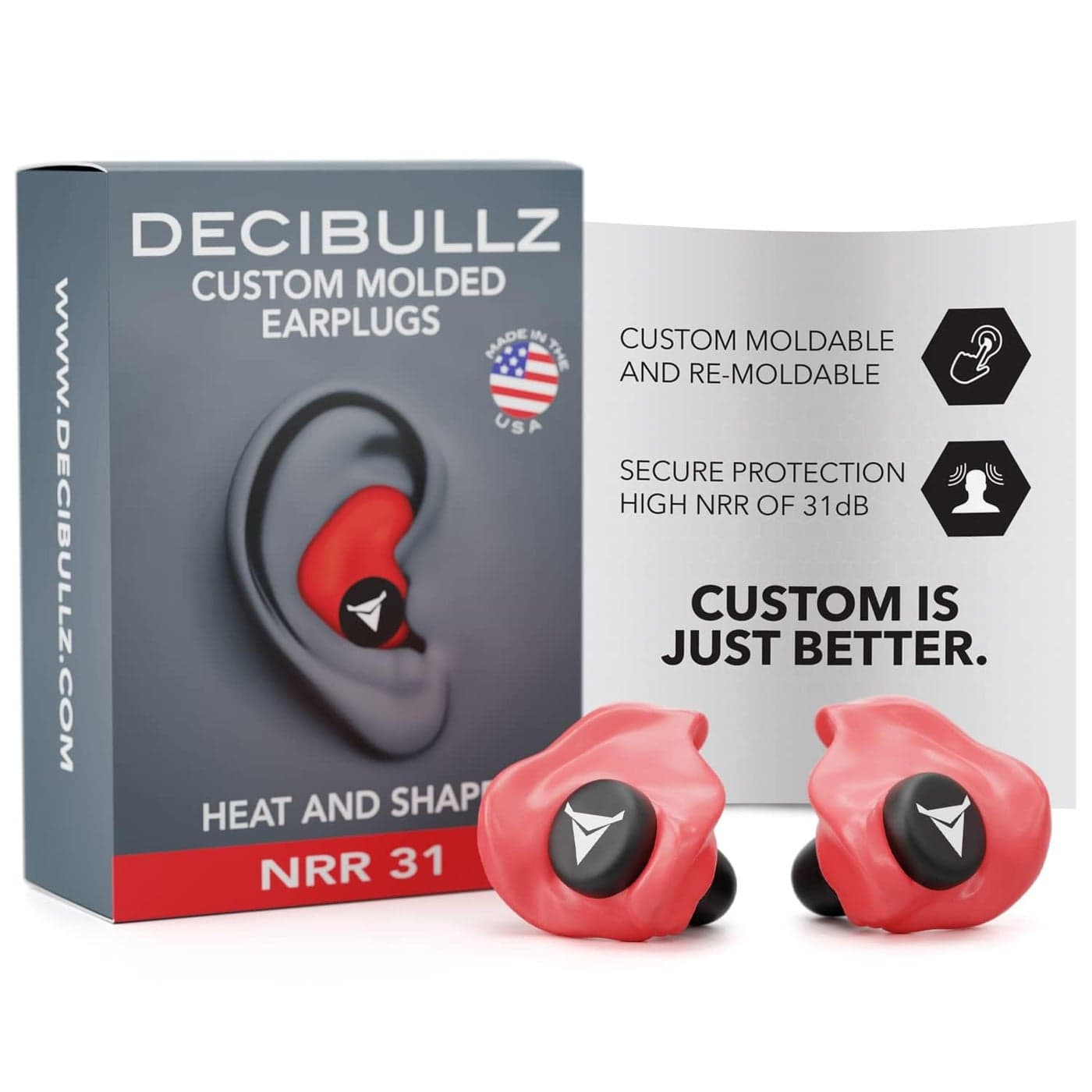 Decibullz Custom Molded Earplugs 31dB Highest NRR Comfortable Hearing Protection for Shooting Travel Swimming Work and Concerts Red