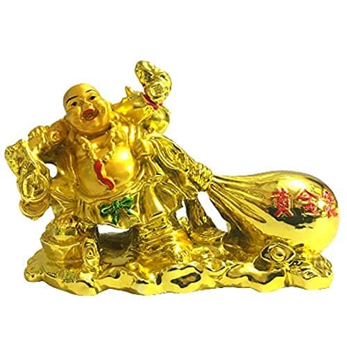 Ripe India® Feng Shui Happy Man Laughing Buddha Drag The Money Potli Figurine Golden Statue Gift Showpiece Decorative Showpiece (Polyresin Gold)