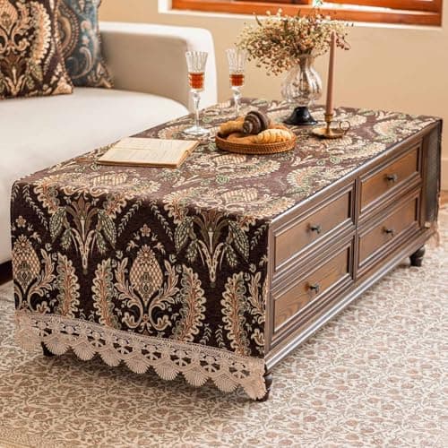 KEEMIR Luxury Chenille Coffee Table Cover Non-Slip Silicone Backing Heavyweight French Jacquard Table Cloth with Lace Trim Vintage Floral Furniture Protector(Mdlz Dark Brown Floral,63" L x 23.7" W)