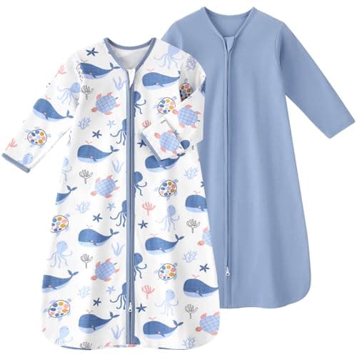 FIEMOL Baby Sleep Sack 6-12 Months, Long Sleeve Baby Wearable Blanket 0.5 Tog with Mittens, 2-Way Zipper Newborn Cotton Sleeping Sack for Boy and Girl Blue Whale 2 Pack (Medium)