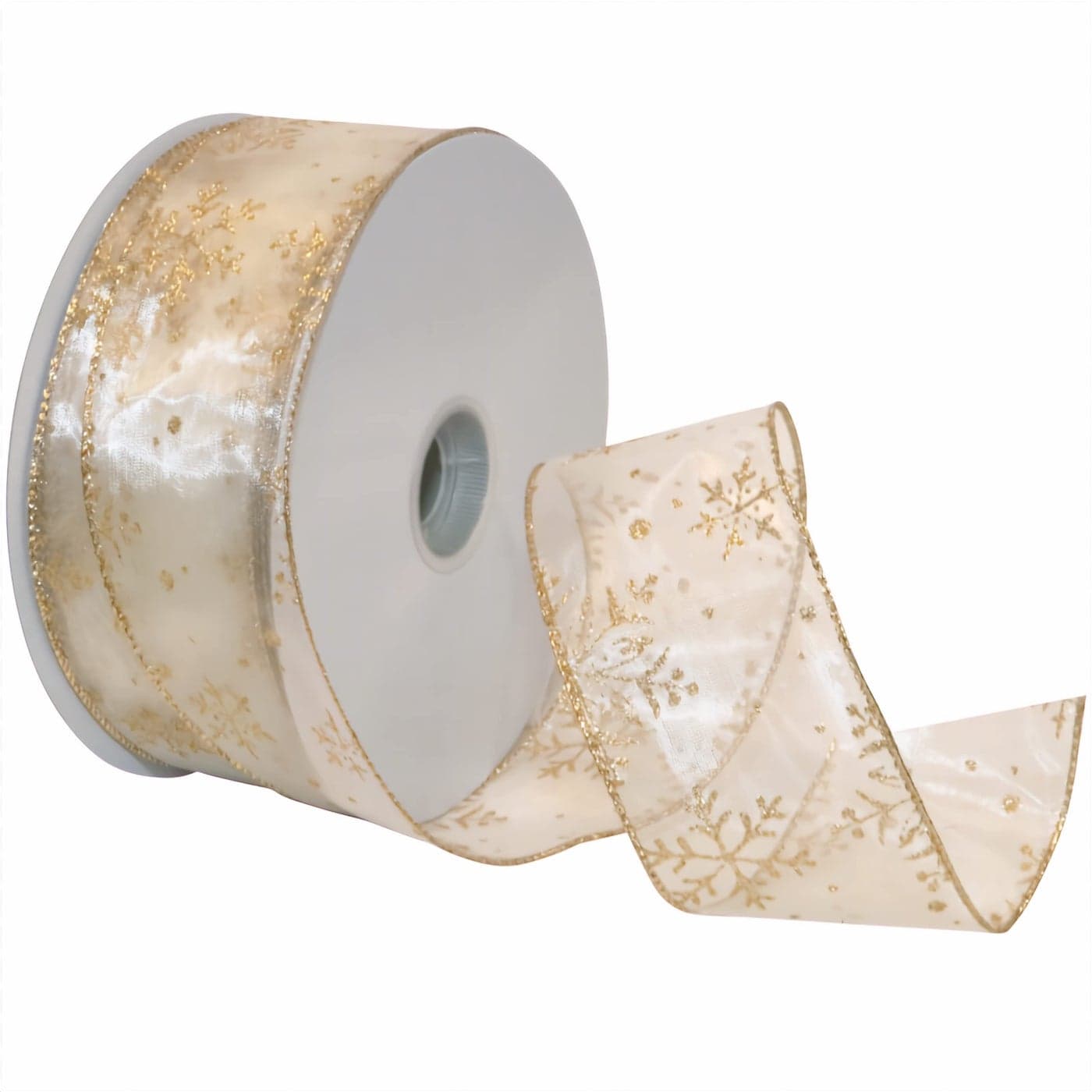 Morex Snowflake 25 X 50 YD Nylon Sheer Wired Glitter Ribbon in IvoryGold