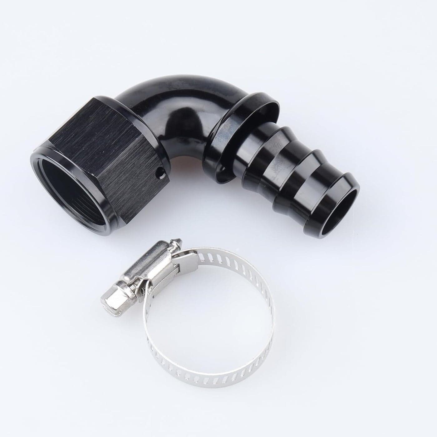 AC PERFORMANCE Black Aluminum 90 Degree -12 AN Swivel Female to Barb Hose End Fitting with Clamp