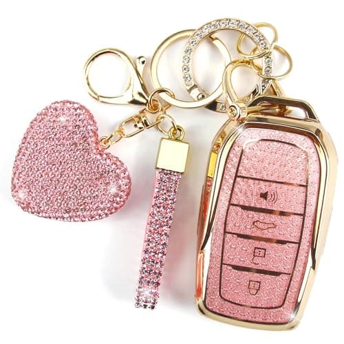 YIKECASE Key Fob Cover with Diamond Keychain Fit for Toyota Car Key Holder Compatible with Camry 2025 Venza 20192024 RAV4 Prime Land Cruiser Fortuner Grand Highlander Corolla 4 Buttons Pink