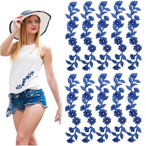 BENOSPACE10 Pcs Long Flower Embroidered Patches Peony Flower Iron on Patches Floral Trimming Decorative Embroidered Applique Sewing Patches for Clothing Bags Jackets Jeans Shoes DIY CraftRoyal Blue