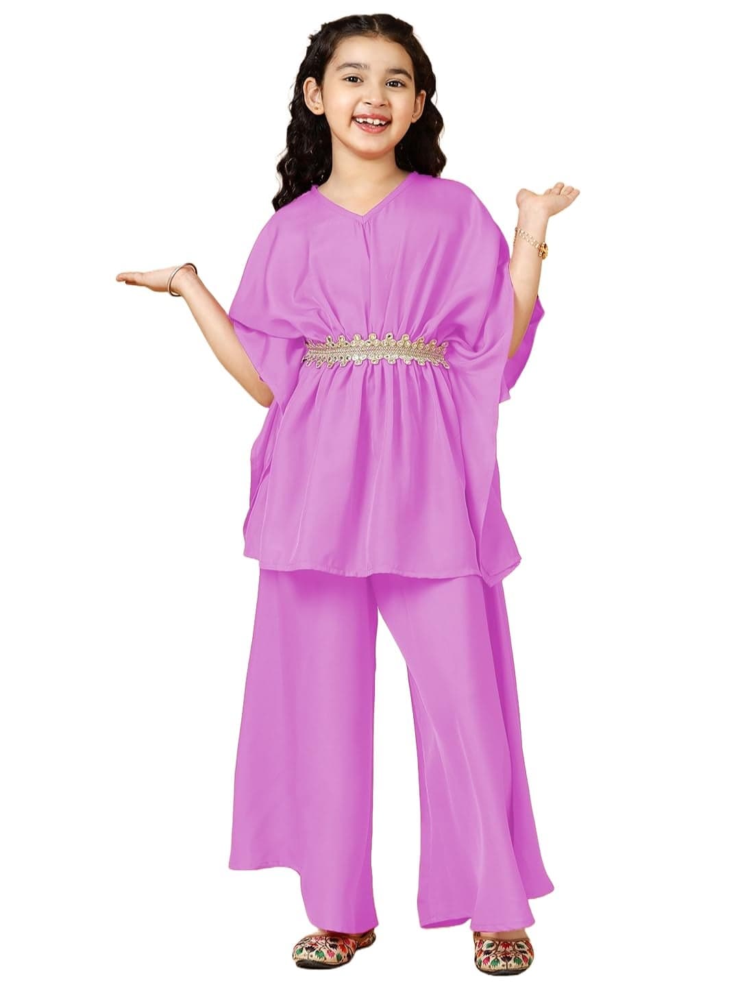 A.T.U.N. (ALL THINGS UBER NICE) Girls Solid Polysilk Mauve Kaftan with Flared Pant Set