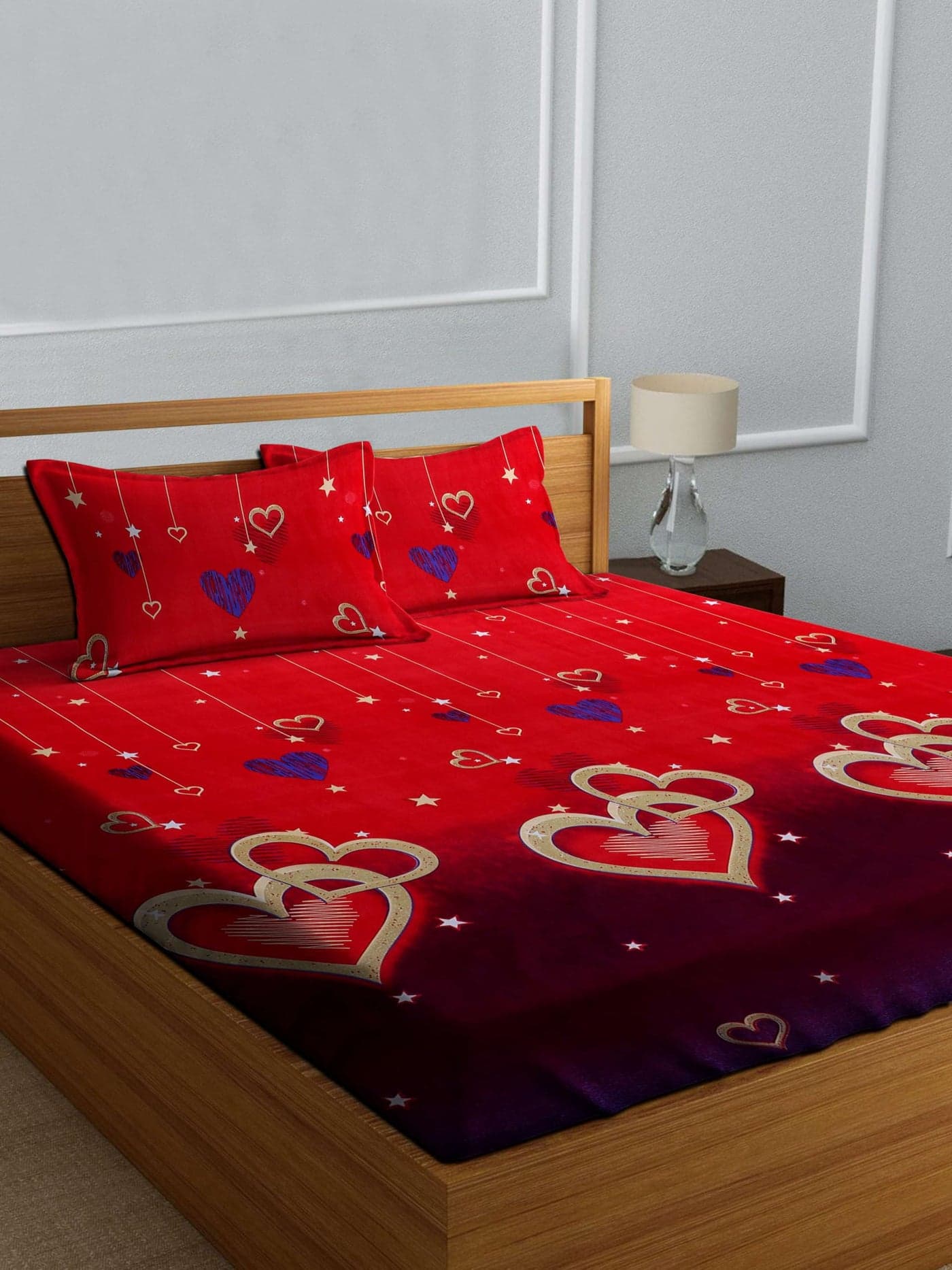 Decorum Red Heart Print Double Bedsheet | 228 x 220 cm Romantic Bed Sheet with 2 Pillow Covers | Soft Cotton Blend Bedsheet for Couples Bedroom | Love-Themed Bed Linen Set for Gifting & Home Decor
