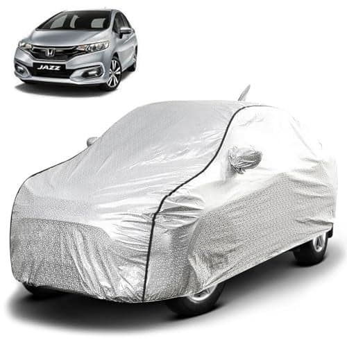 FABTEC Waterproof Car Body Cover for Honda Jazz with Mirror and Antenna Pocket, Soft Cotton Lining, Triple Stitched (Heat Resistant Metallic Silver with Black Piping)