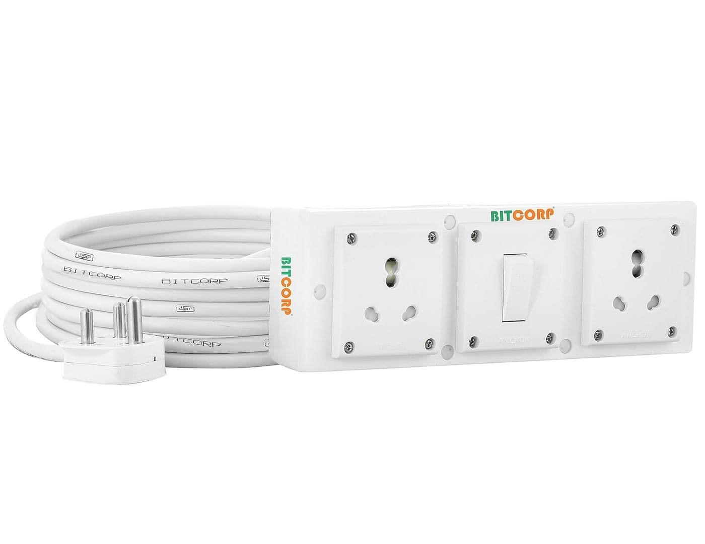 Bitcorp Extension Board Heavy Duty Junction Box 15A 16A 20A 2 Way Socket 1 Switch 3500 Load Capacity High Voltage with Thermal Protection Surge Control 1 Meter Long Cable Cord White