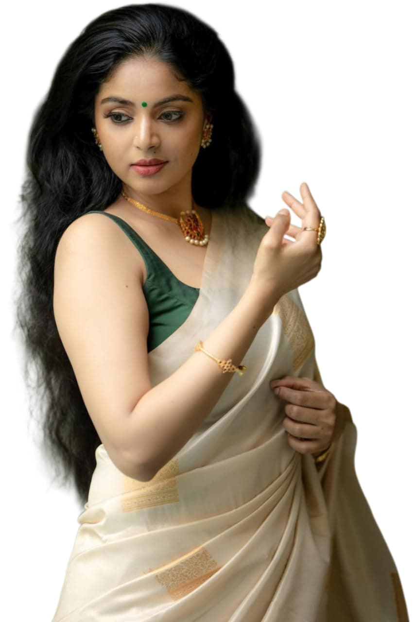 Flosive Women's Beautiful Off White Kanjivaram Silk Saree With Zari Weaving.