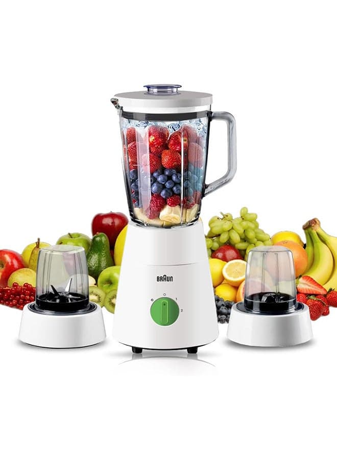 Blender 3 in 1, Glass Jug, 2 Speeds, Pulse Function, Multi Mill, Grinder Mill 1.75 L 500 W JB0153WH White