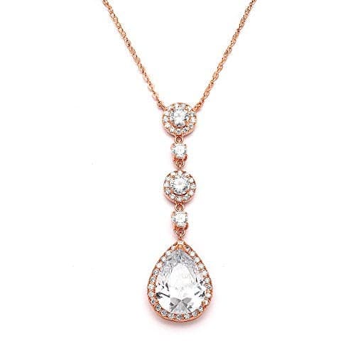 Mariell 14K Rose Gold Plated Bridal and Wedding Necklace, Cubic Zirconia Crystal Drop Pendant Necklace for Brides, Bridesmaids, Prom, Homecoming, Mother of the Bride