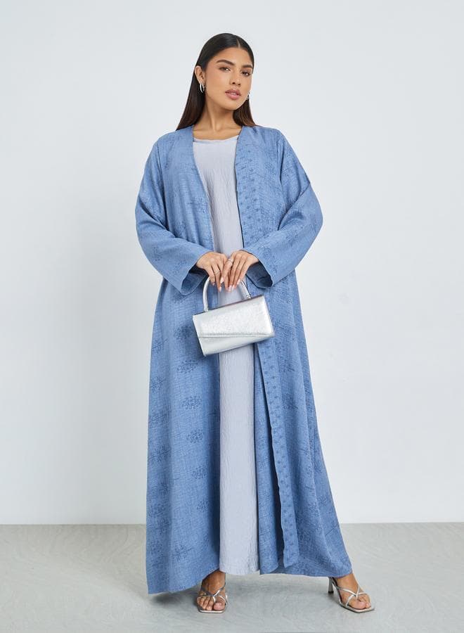 Blue Front Open Border Print Abaya