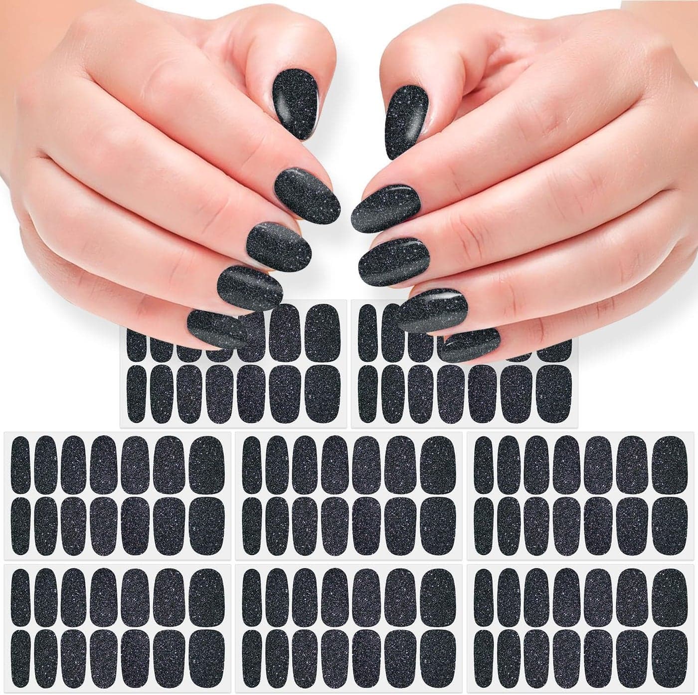 DANNEASY 8 Sheets Glitter Black Nail Polish Stickers Full Nail Wraps Stick on Nail Polish Strips Gel Nail Strips Self Adhesive Fingernail Sticker Nails for Women with Nail File, Cuticle Stick