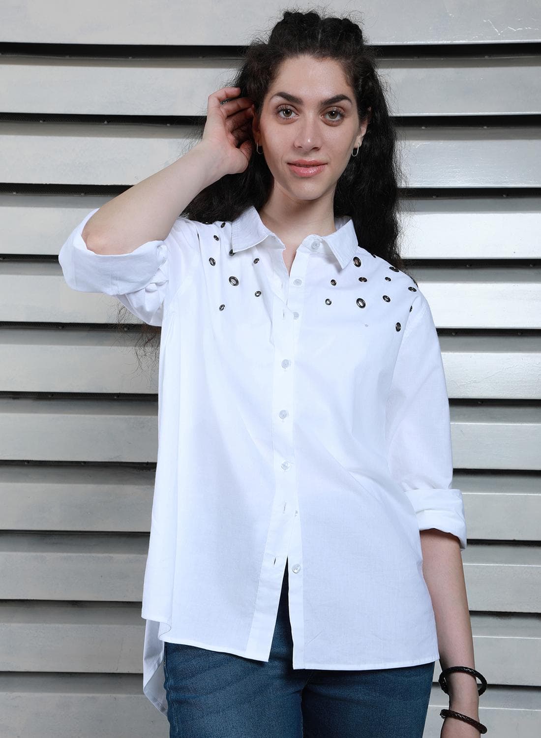 Women's White 100% Cotton Solid Pattern Button Down Oversized Shirt