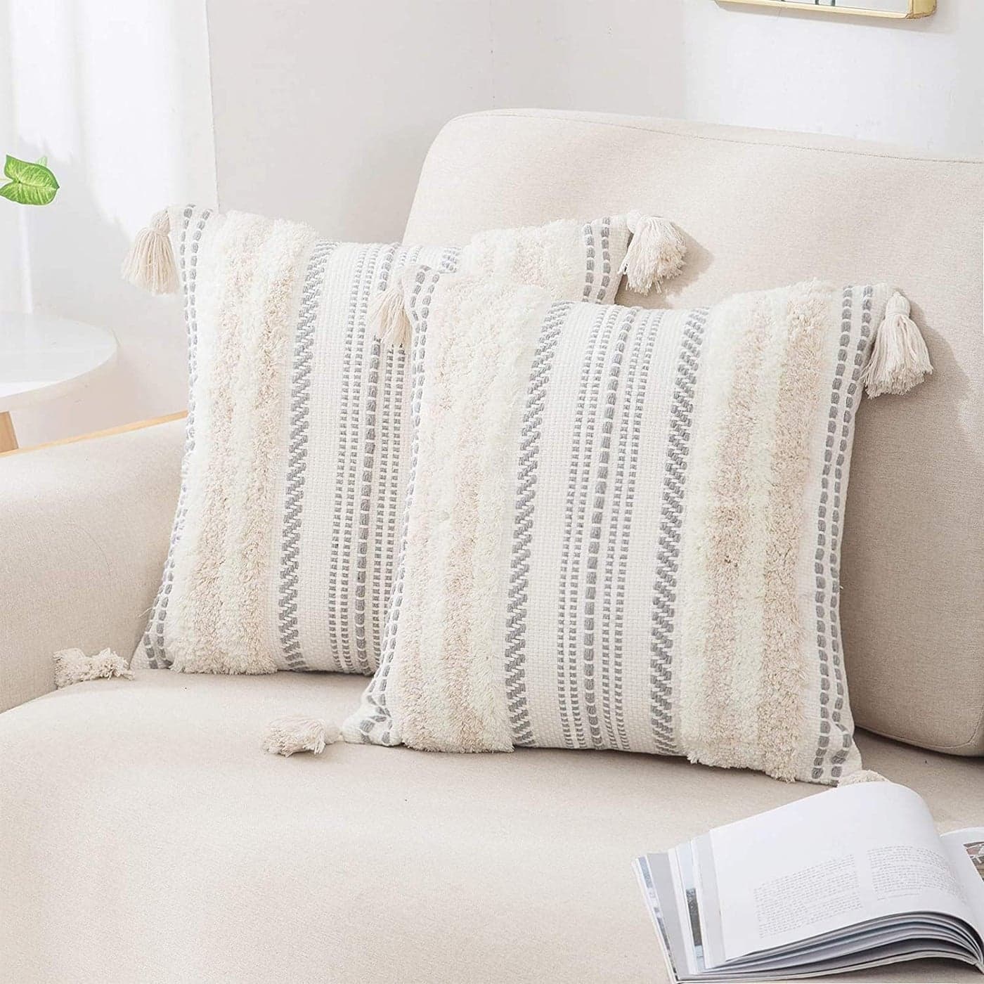 decorUhome Decorative Boho Throw Pillow Covers 20x20 Set of 2 Accent Neutral Textured Tufted Pillow Covers Striped for Couch Bed Sofa Living Room Beige and Cream White