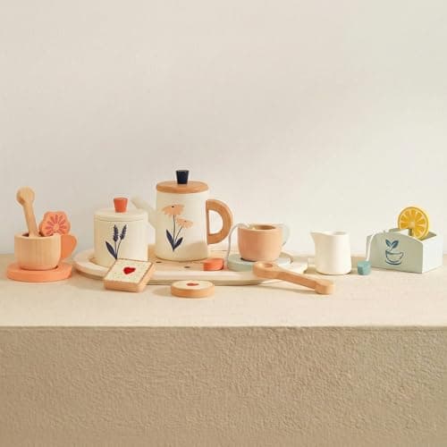 PairPear Wooden Tea Set for Kids 19Piece Pretend Tea Time Play Set with Tray Wooden Tea Toys for Toddlers Preschool Kids Ages 3