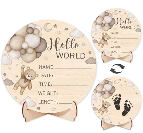 Andrain DoubleSided Wooden Newborn Birth Sign Brown Bear Baby Announcement Sign Bear Hello World Name for Hospital Gift for New Mom Baby Shower Photography Prop
