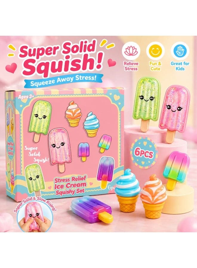 6PCS Glitter Ice Cream Squishy Toys Set, Slow Rising Popsicle Squeeze Stress Balls, Cute Kawaii Sensory Fidget Toys for Kids Anxiety Relief, Easter Birthday Party Gift Favors for Boys Girls