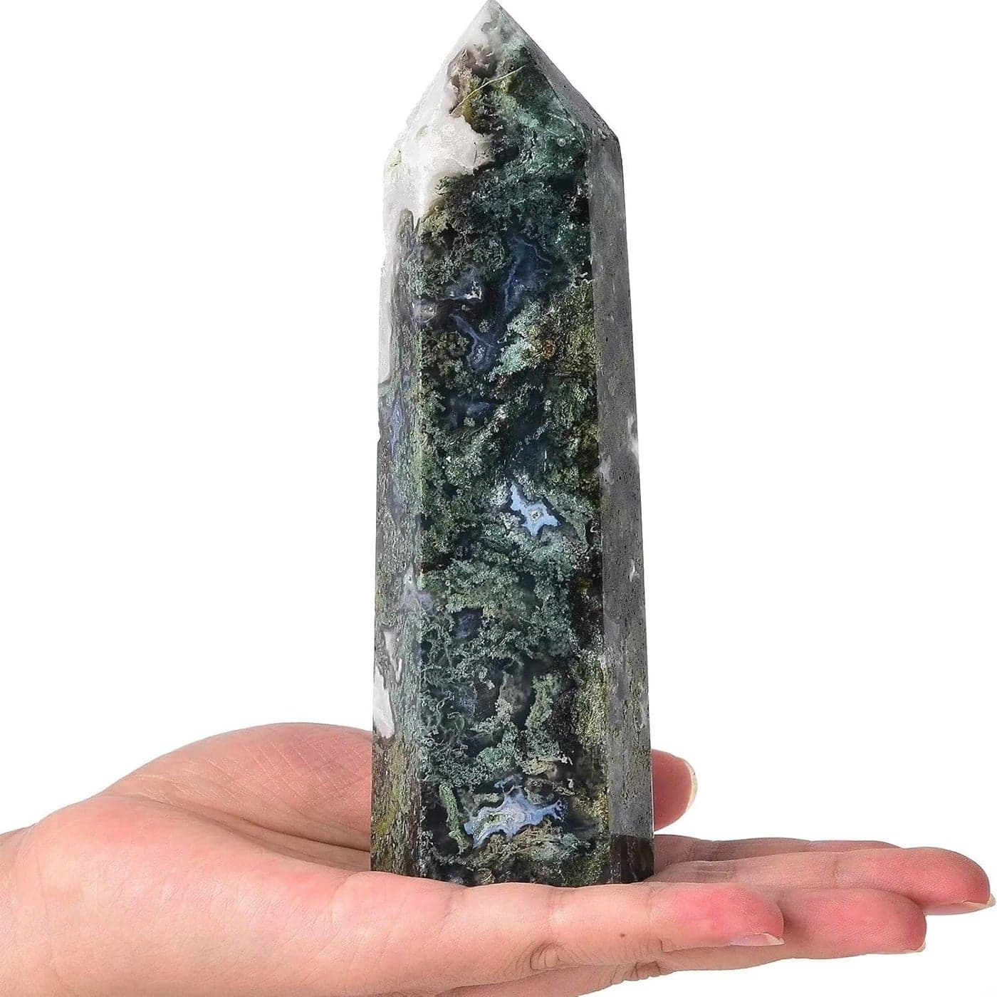 AMOYSTONE Large Healing Crystal Wand Moss Agate Point Natural Crystal Obelisk Tower Decor 1.8-2.2 LBS