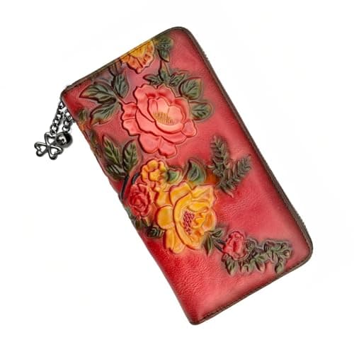 Wallet Genuine Leather for Women - with RFID Blocking Card checkbook ID Slot Large Capacity Vintage style (rose red)