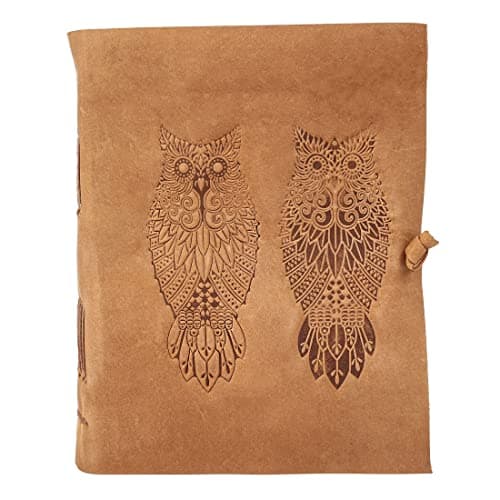 Leather Journal for women and men embossed 8 x 6 inch Handmade Deckle Edge Vintage Paper Owl notebook writing notepad book of shadows journal (Brown)