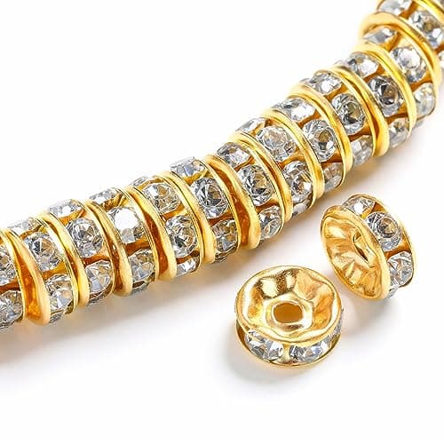 ZHIMIN 200PCS Rondelle Spacer Beads 4mm Gold Plated Czech White Crystal Rhinestone for Jewelry Making