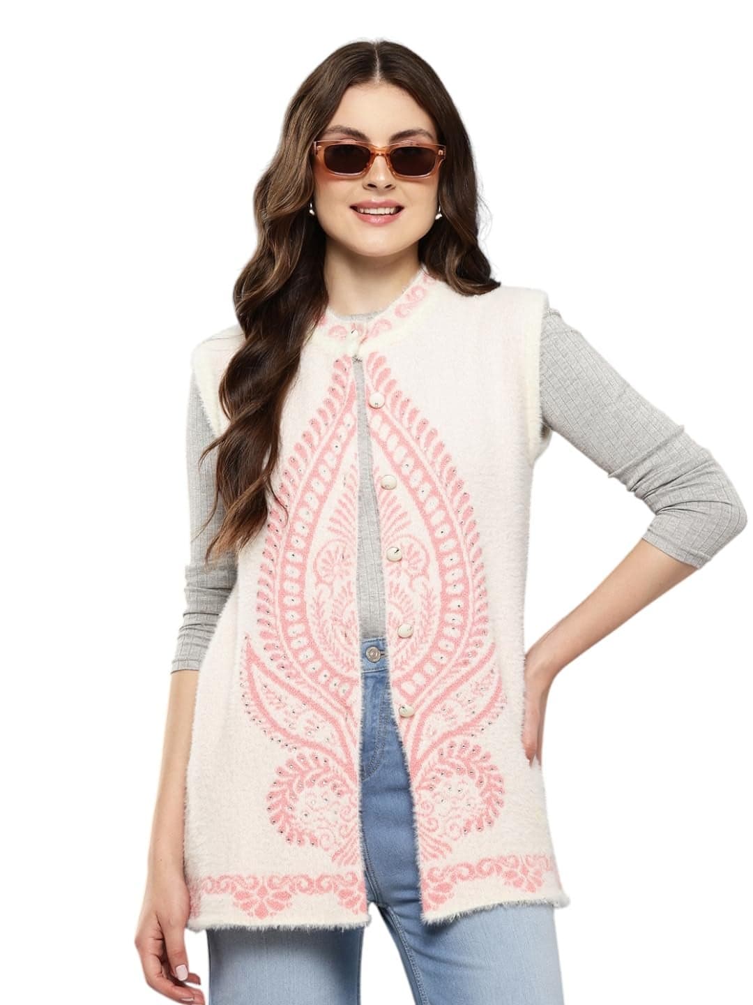 Aarika Womens Winter Wear Cream Colour Embellished Woolen Cardigan-(S-L)-(CG-W-MD-53-CREAM-L)