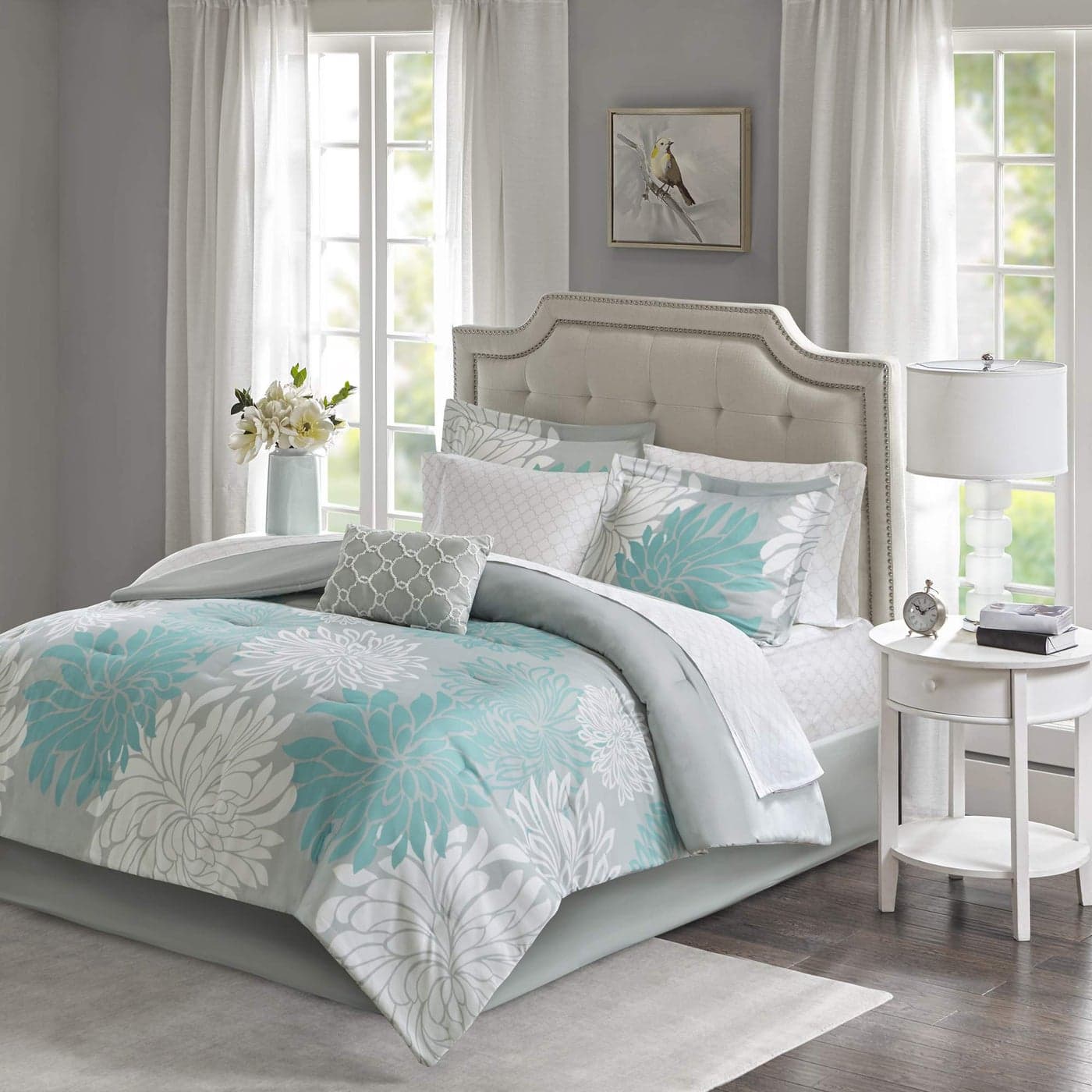 Madison Park Essentials Maible Cozy Bed in A Bag Comforter with Complete Cotton Sheet SetFloral Medallion Damask Design All Season Cover Decorative Pillow Twin 68 in x 86 in Floral Aqua 7 Piece