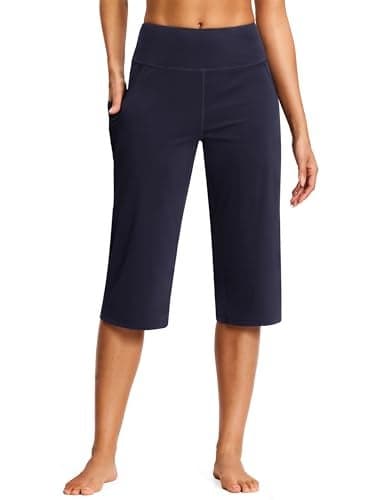 ISEEGZ 18" Capri Pants for Women High Waist with Pockets Women's Capris Workout Yoga Pants Loose Straight Leg Navy