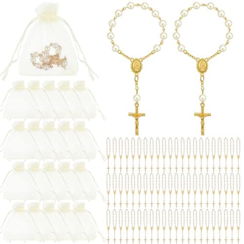 Fumete 60 Pieces Mini Rosary Favors Baptism Favors Acrylic Rosary Beads Finger Baptism Rosaries with Organza Bags for Christening Weddings Party