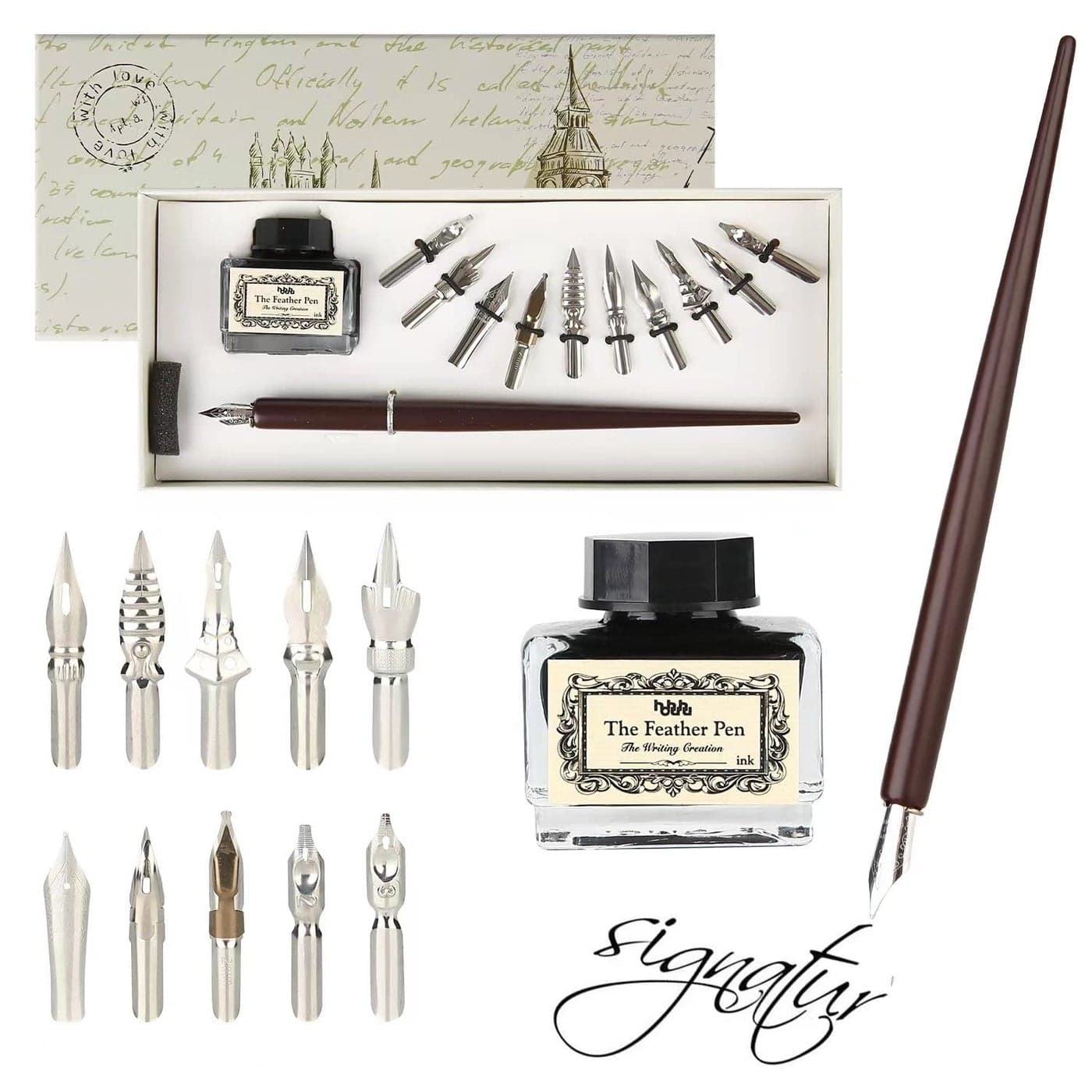 hhhouu Calligraphy Set for Beginners Quill Pen and Ink Set Fancy Pens with Black Ink and 11 Nibs for LetteringDrawing Journaling Signing Invitation HOQ301